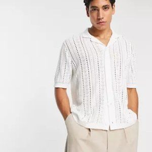 Topman knitted pointelle shirt in ecru white
